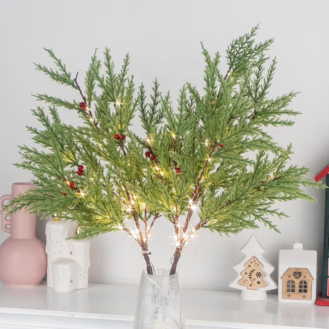 Lighted Artificial Pine Branches for Vases, 28" Christmas Cypress Sprigs with 60 LED Lights, Batt... | Amazon (US)