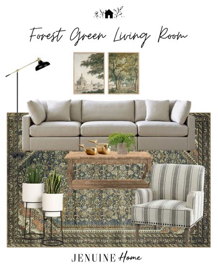Forest Green living room. Traditional living room. Beige couch. Wooden coffee table. Striped armchair. Green rug. White planter pot. Fern decor. Gold whale. Brass whale decor. Black floor lamp. Art  