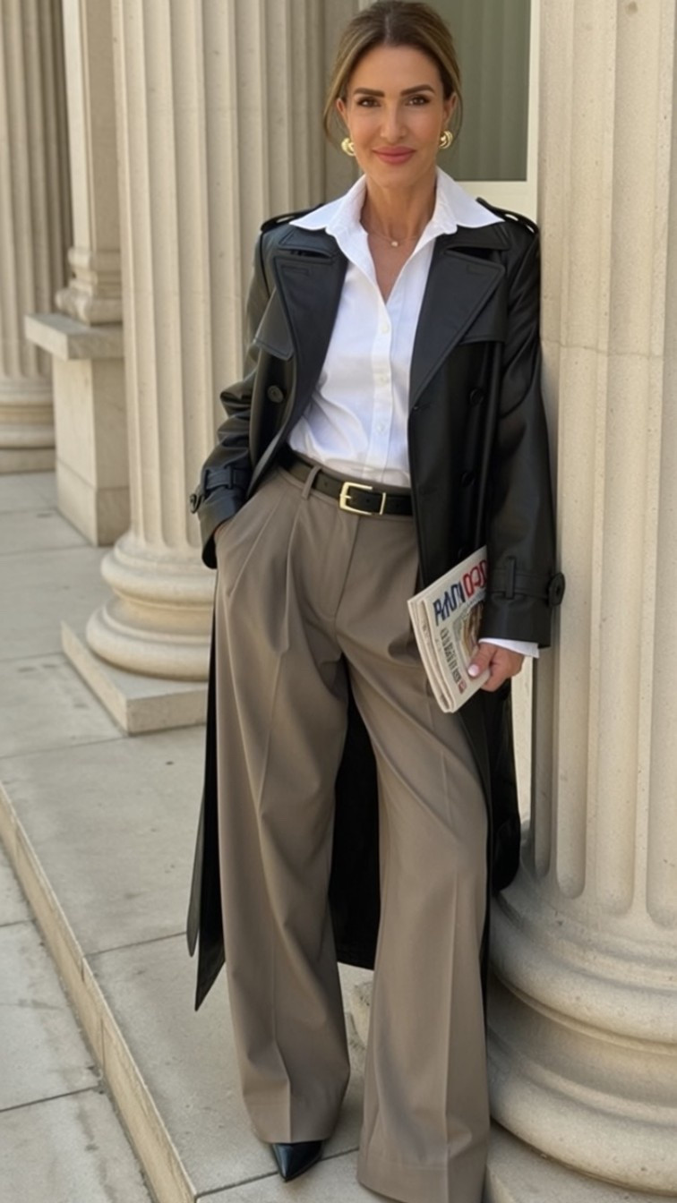 Power Dressing Done Right 💼

Channeling major boss energy in this classic tailored look! When you need to look polished and professional but still feel effortlessly chic.

✨ Crisp white button-down – a timeless essential
✨ Black leather trench coat – instant sophistication
✨ Taupe wide-leg trousers – perfectly tailored
✨ Black leather belt – defines the waist
✨ Black pointed-toe pumps – elongates everything
✨ Gold hoop earrings – just the right touch

This outfit works for business meetings, lunch dates, or any day you want to feel unstoppable. The key is in the fit and those elevated basics that never go out of style!

Shop this entire look through my LTK! 🖤

#LTKWorkwear #LTKStyleTip #PowerDressing #WorkWearStyle #TailoredLook #ClassicStyle #FallFashion #ProfessionalStyle #OOTD​​​​​​​​​​​​​​​​

#LTKfoodie #LTKdayinmylife #LTKWorkwear