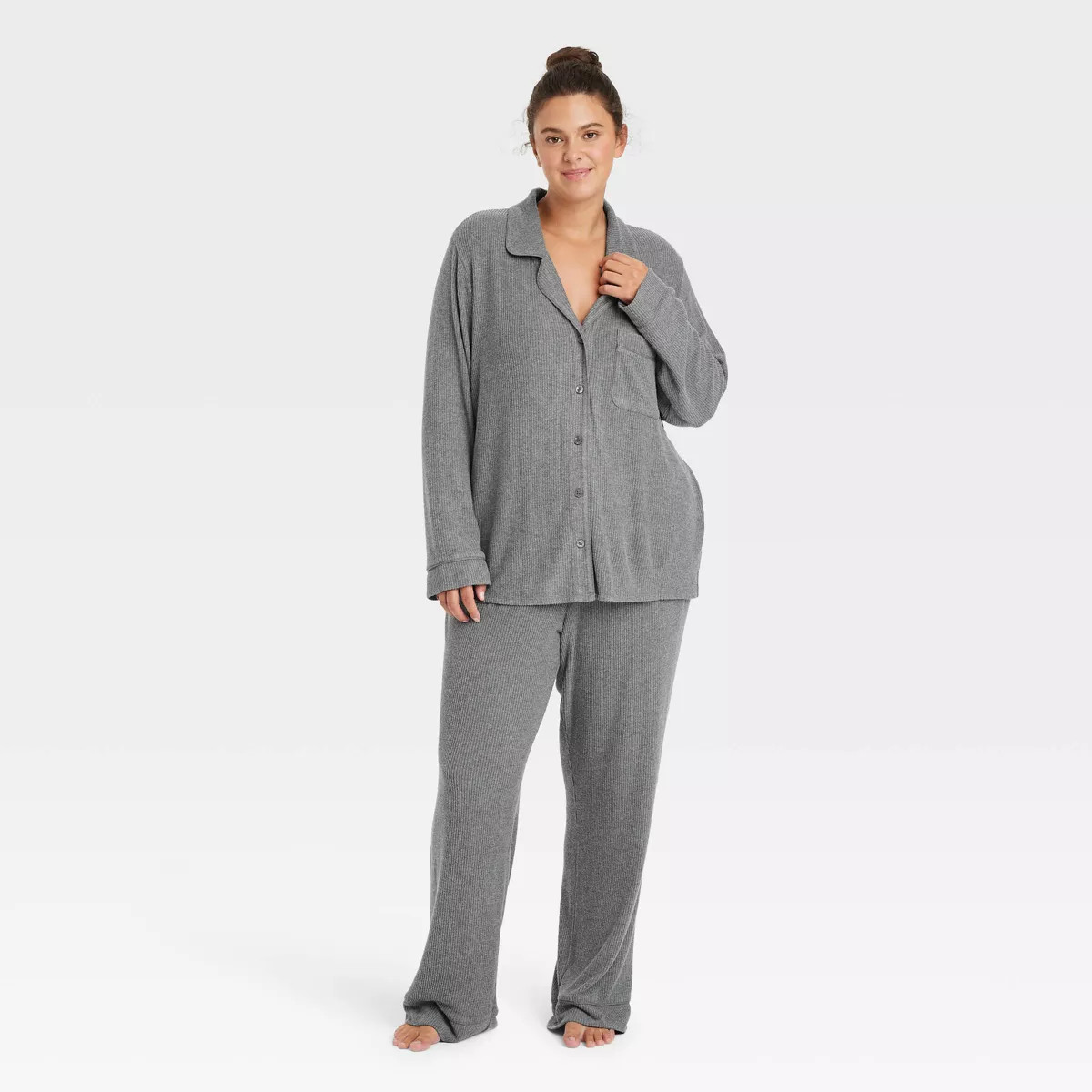 Women's Cozy Ribbed Long Sleeve Notch Collar Shirt and Pants Pajama Set - Auden™ Oatmeal 3X | Target