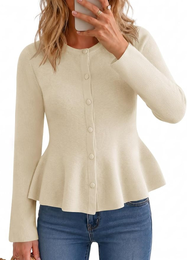 Saodimallsu Womens Peplum Tops Ruffle Cardigan Trendy Knit Sweater | Amazon (US)