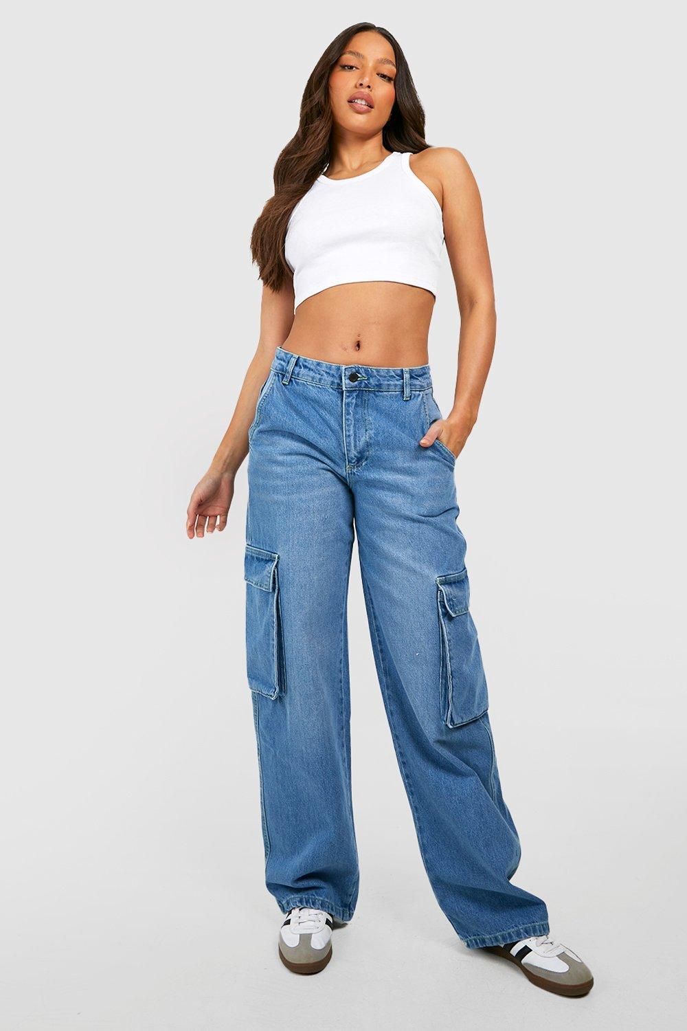Womens Tall Low Rise Cargo Wide Leg Jeans - White - 14 | Boohoo.com (US & CA)