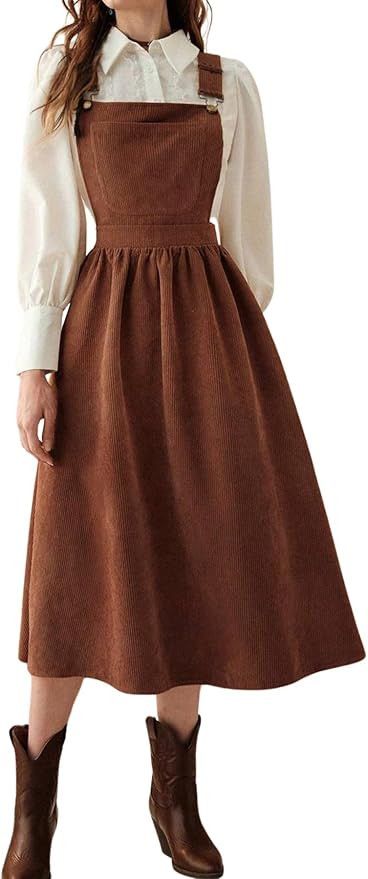 chouyatou Women's Fall Corduroy Overall Dress Adjustable Strap A Line Flare Pinafore Midi Jumper ... | Amazon (US)