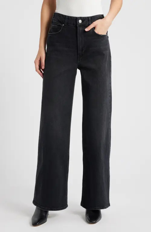 PAIGE Sasha High Waist Wide Leg Jeans in Viper Black Distressed at Nordstrom, Size 26P | Nordstrom
