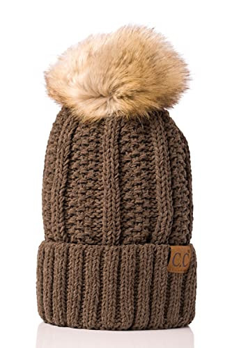 C.C Thick Cable Knit Faux Fuzzy Fur Pom Fleece Lined Skull Cap Cuff Beanie, Chenille New Olive | Amazon (US)
