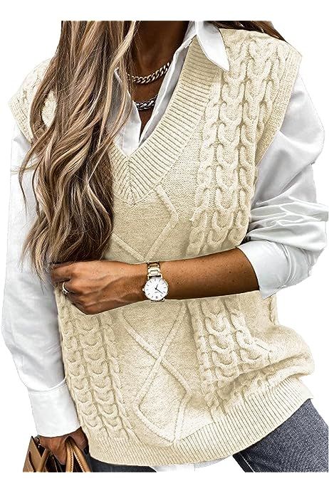 Modasua Womens Sweater Vest Stylish Vintage V Neck Chunky Knitted Sleeveless Jumpers | Amazon (UK)
