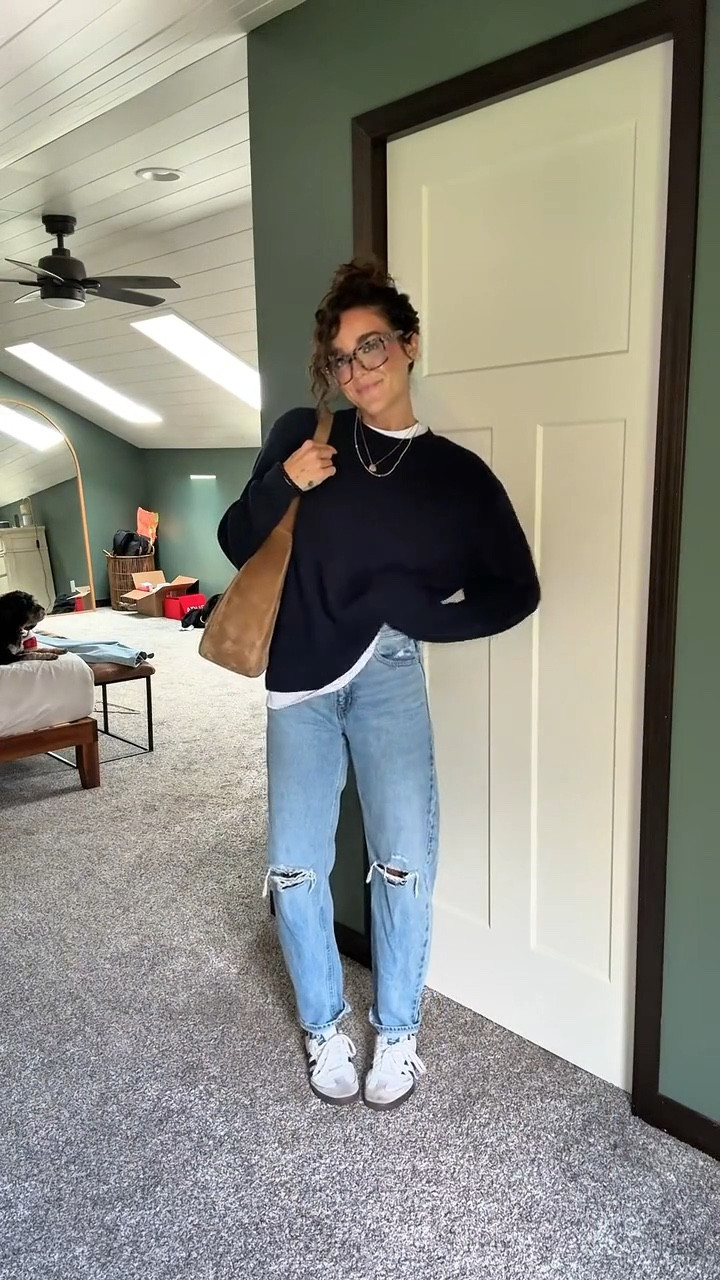 Styling a Navy sweater 5 ways 🫶🏼 
#fallsweater affordable 
Free people jeans true to size (if in between size down) 
Gap jeans true to size and THEE best fit 
Everything else true to size 

#LTKWorkwear #LTKBeauty #LTKSeasonal