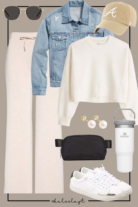 Outfit idea, Spanx AirEssentials pants, old navy jean jacket, black belt bag, Lululemon dupe, Stanley cup, white sneakers, athleisure outfit 

#LTKunder100 #LTKstyletip #LTKitbag