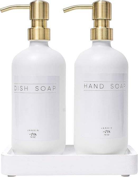 Janxin Glass Soap Dispenser for Kitchen with Stainless Steel Pump and Wood Tray, Modern Bathroom ... | Amazon (US)