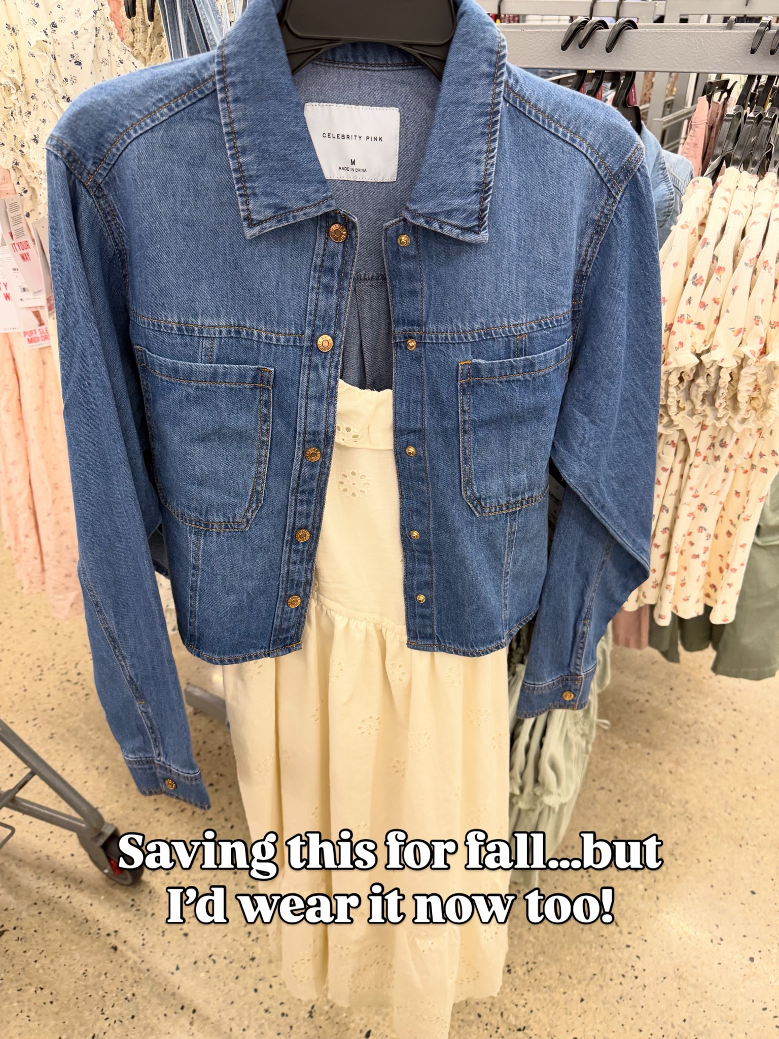 Celebrity pink spaghetti strap dress and crop denim shirt outfit idea at Walmart #walmartfashion