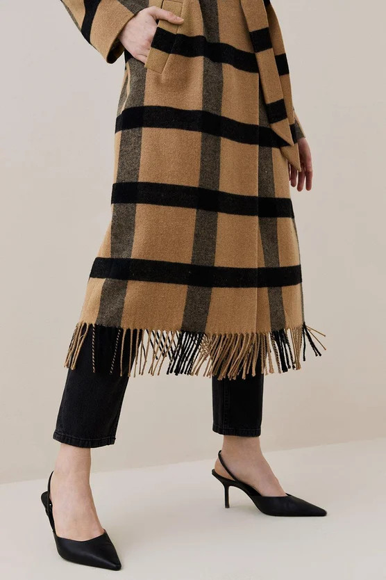 Italian Wool Check Fringe Hem Belted Coat | Karen Millen US