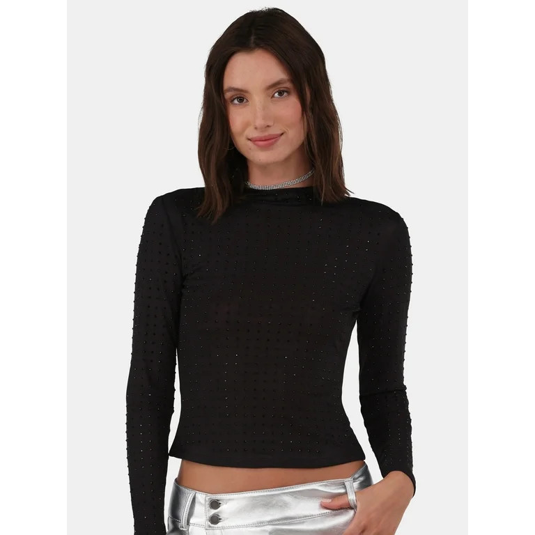 No Boundaries Rhinestone Studded Mesh Top with Long-Sleeves, Women's and Women’s Plus | Walmart (US)