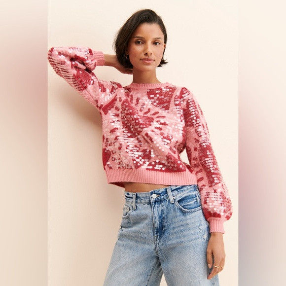NWOT Heart Pattern Crewneck Sequin Sweater FARM RIO SMALL | Poshmark