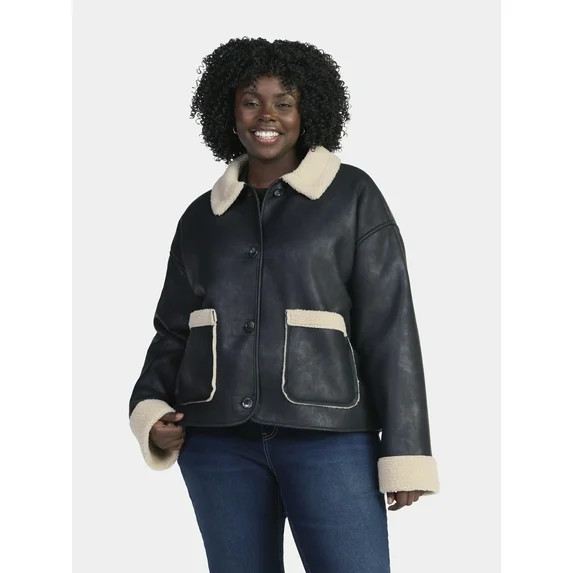 Time and Tru Women's and Women's Plus Bonded Faux Shearling Jacket, Sizes XS-2X | Walmart (US)