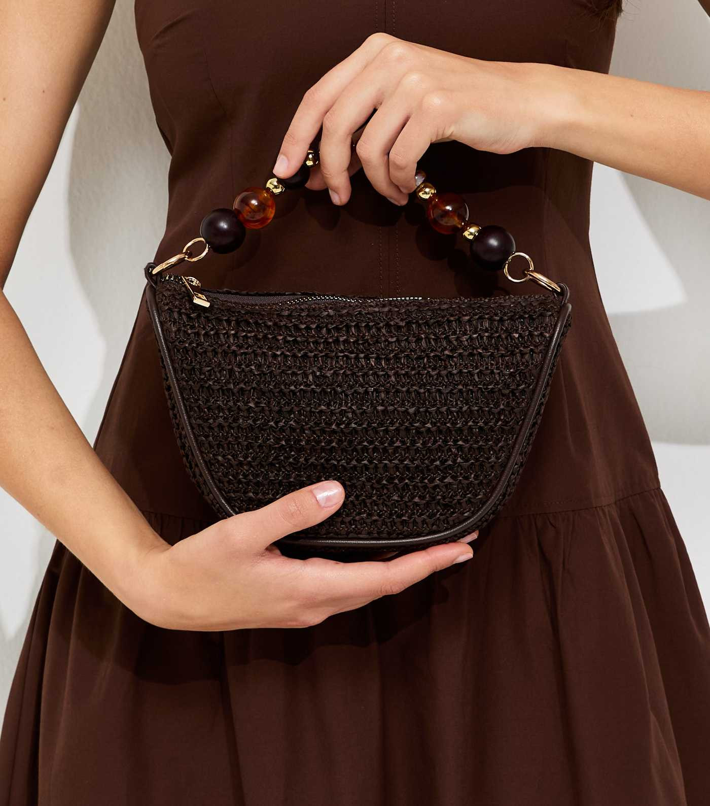 Dark Brown Woven Slouchy Beaded Top Handle Bag | New Look | New Look (UK)