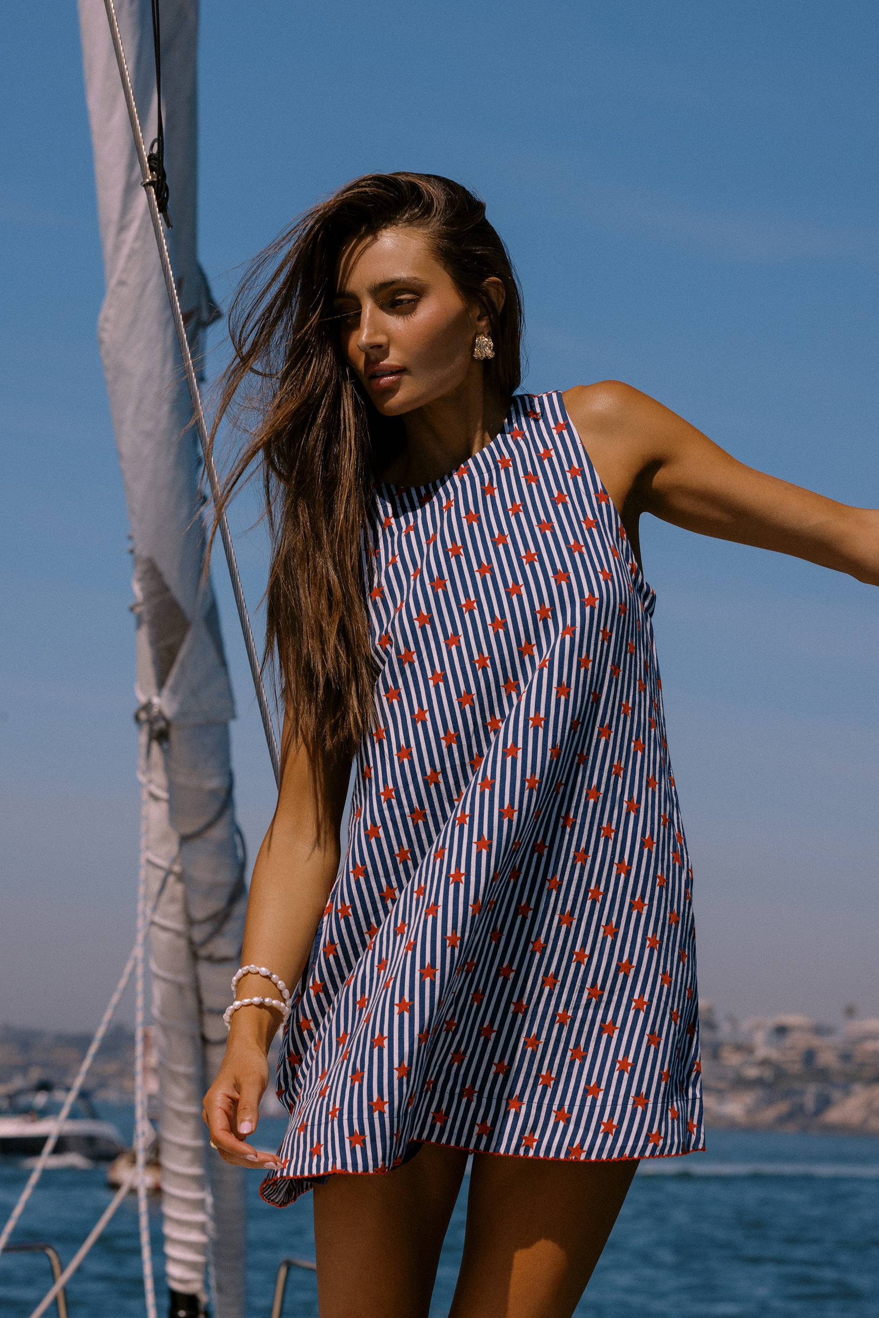 Caprina Mini Dress Star Spangled Seas Linen | Patriotic Line Mini Dress with Stars | Beach Riot | Beach Riot