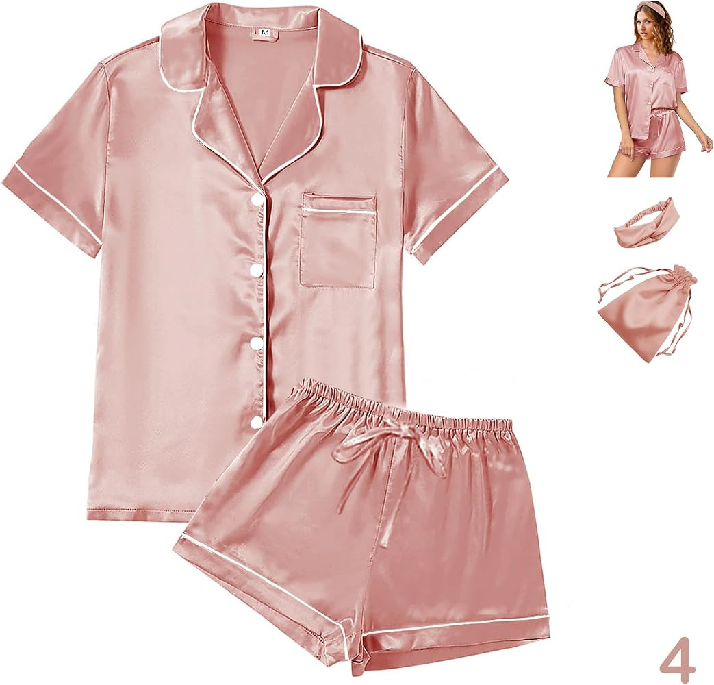 WJing Yi Jia 4Pcs Womens Satin Silky Pajama Sets Short Sleeve Shirt XS-4XL Floral Pajamas Set Sof... | Amazon (US)