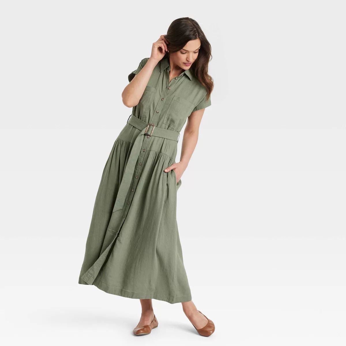 Women's Short Sleeve Belted Midi Shirtdress - Universal Thread™ Olive Green M | Target