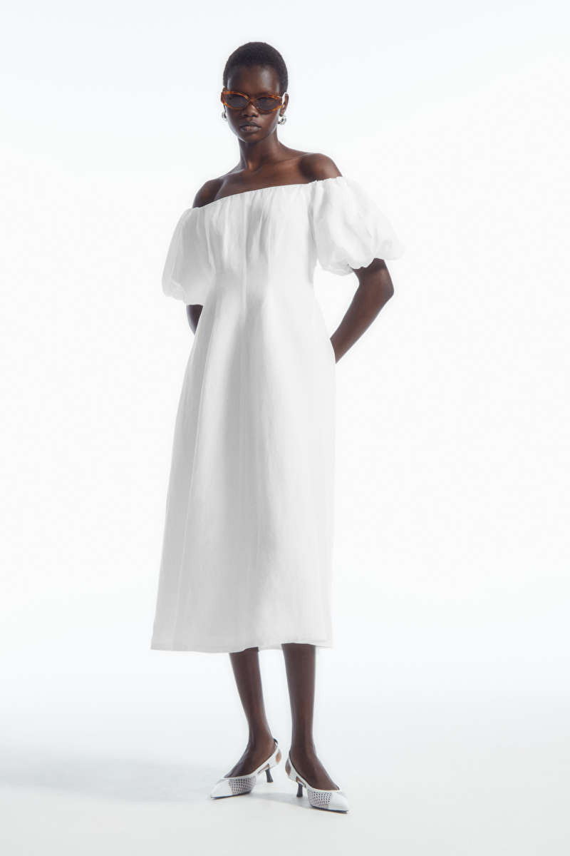 OFF-THE-SHOULDER PUFF-SLEEVE MIDI DRESS - WHITE - Dresses - COS | COS (US)