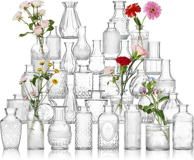 Glass Bud Vase Set of 32 Pcs, Vintage Clear Small Glass Vases for Flowers, Glass Bud Vases in Bul... | Amazon (US)