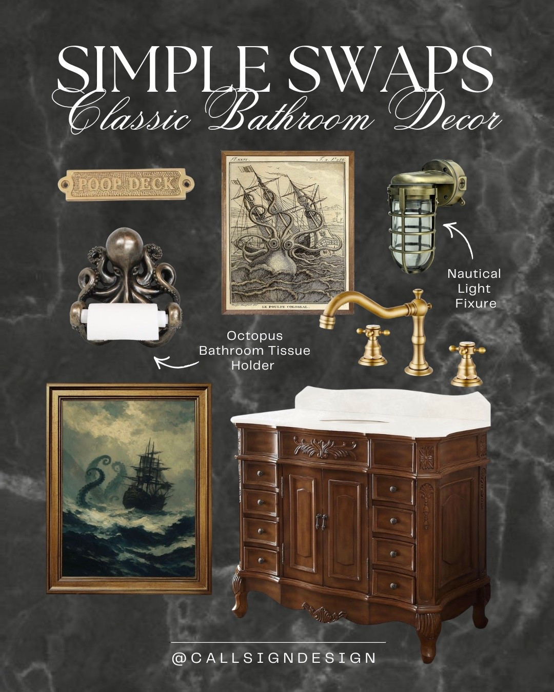 Dark and moody nautical bathroom decor that feels like stepping into a ship’s cabin. An octopus toilet paper holder and subtle maritime details bring depth, character, and a hint of seafaring charm to the space. ⚓🖤 

#NauticalBathroom #MoodyInteriors #OctopusDecor #CoastalStyle #DarkAndDramatic #HomeDecor #DesignDetails #callsigndesign