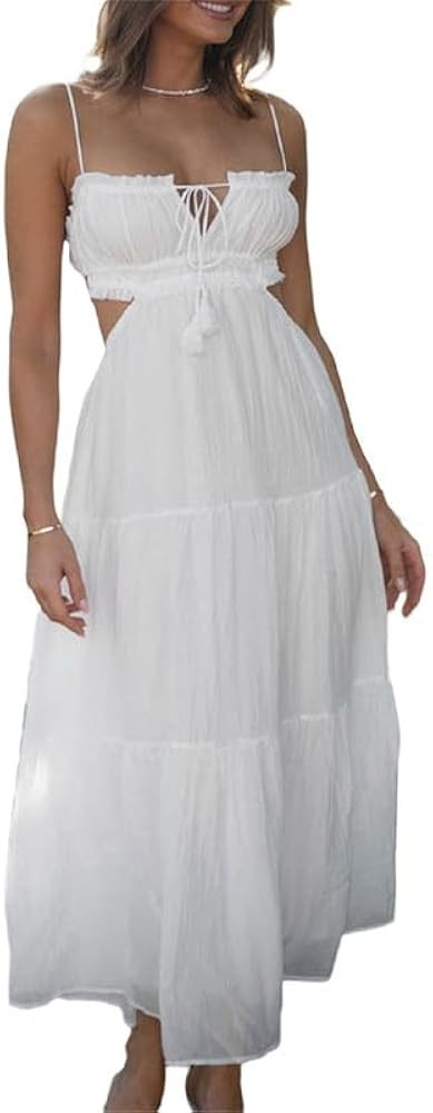 Women Y2K Spaghetti Strap Long Dress Ruffle Flowy Cami Dress Low Cut Backless Tiered Maxi Dress B... | Amazon (US)