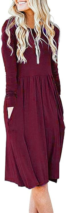AUSELILY Women's Long Sleeve Pockets Empire Waist Pleated Loose Swing Casual Flare Dress | Amazon (US)