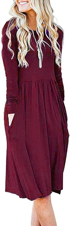 AUSELILY Women's Long Sleeve Pockets Empire Waist Pleated Loose Swing Casual Flare Dress | Amazon (US)