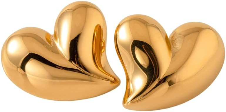 Trendy Stainless Steel 18k Gold Plated Chunky Heart Shape Drop Stud Earrings for Women | Amazon (US)
