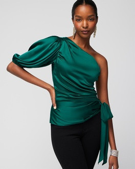 One Shoulder Satin Tie Blouse | White House Black Market
