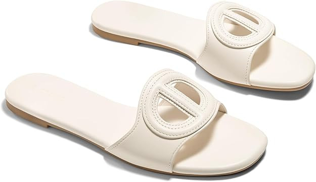 Coutgo Womens Dressy Flat Sandals Open Toe Slip on Leather Summer Beach Slide Sandals | Amazon (US)