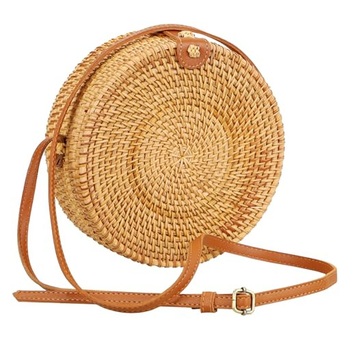 Handwoven Round Rattan Purse for Women, Adjustable Leather Shoulder Strap, Boho Straw Beach Bag, Lightweight & Durable for Travel, Wedding, Vacation | Amazon (US)
