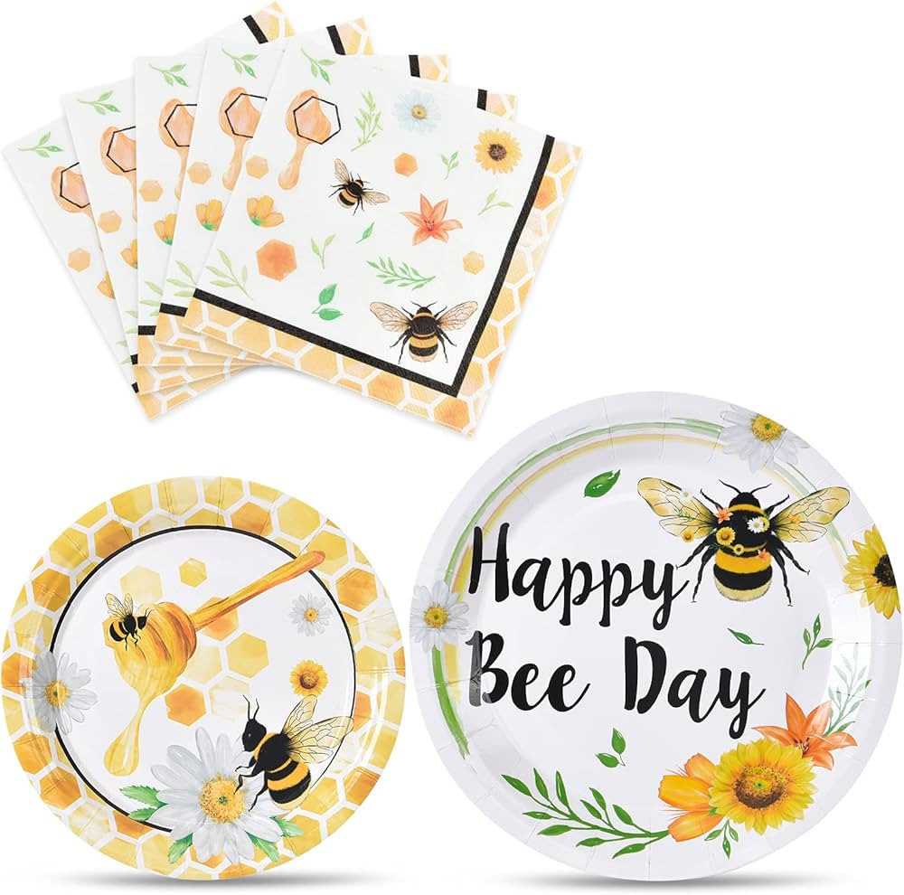WERNNSAI Bee Party Plates and Napkins - Happy Bee Day Party Supplies for Kids Honey Bee Party Tab... | Amazon (US)