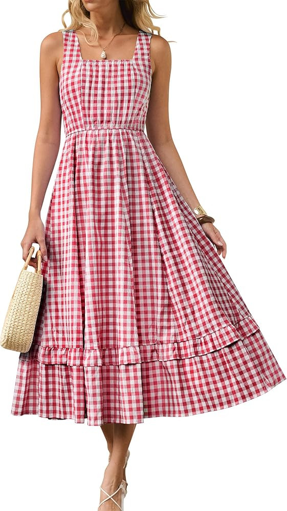 Caracilia Womens Summer Casual Gingham Plaid Midi Dress Sleeveless Square Neck Flowy Beach Vacati... | Amazon (US)