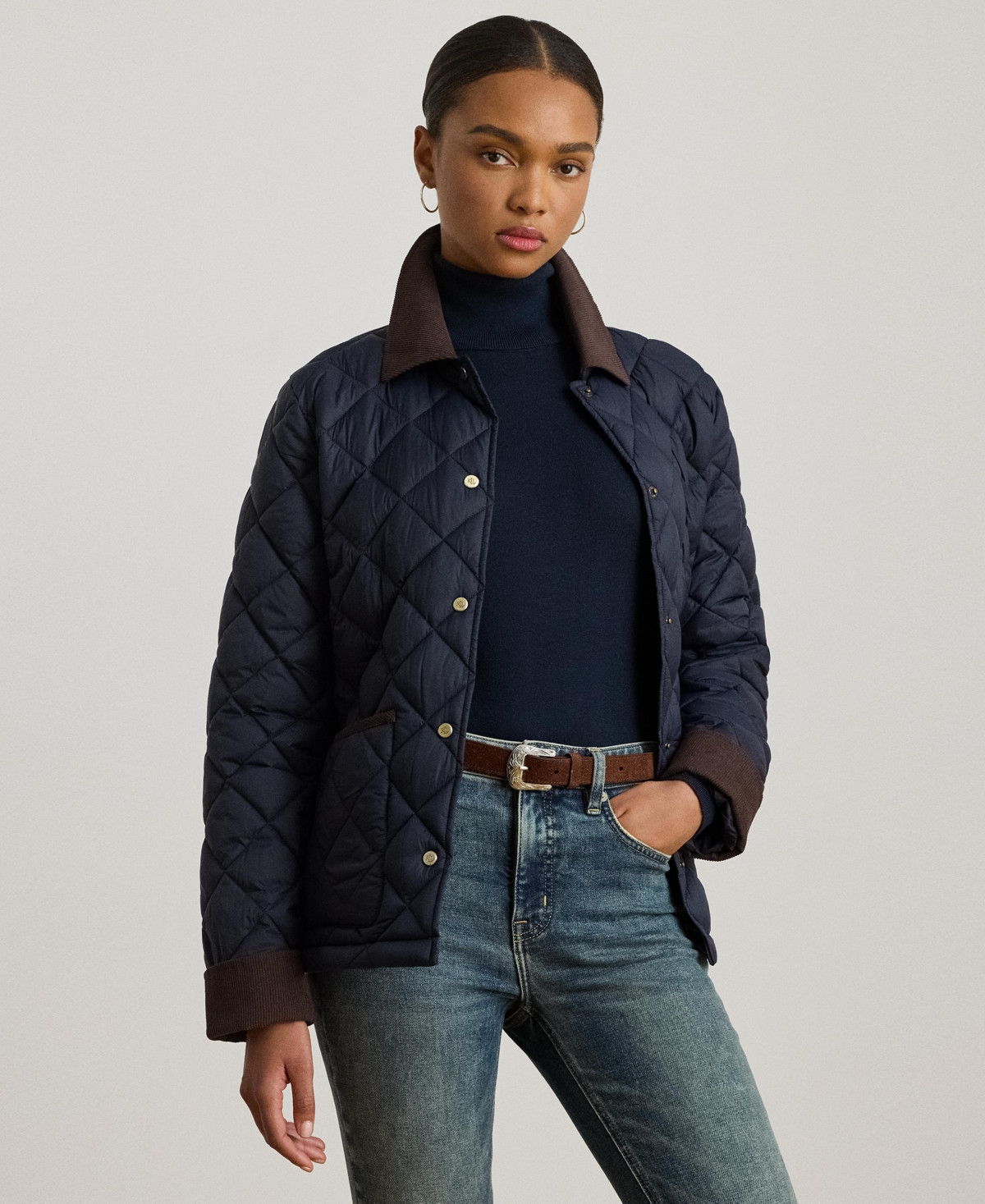 Lauren Ralph Lauren Women's Corduroy-Collar Diamond Quilted Jacket - Dark Navy | Macy's