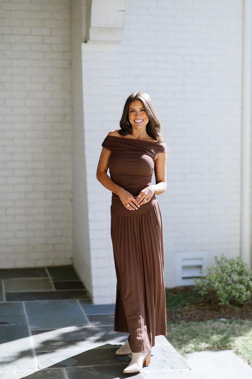 Flora Ruched Pleated Dress- Chocolate | These Three