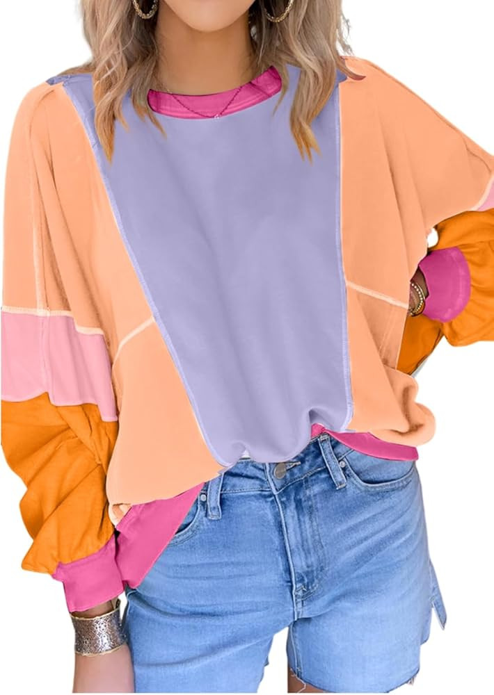 KevaMolly Womens Long Sleeve Tops Colorblock Patchwork Exposed Stitching Oversize Top Round Neck ... | Amazon (US)