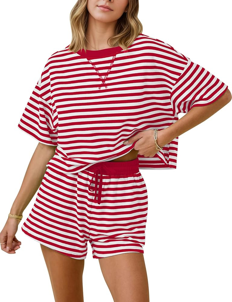 MISSACTIVER Womens Lounge 2 Piece Sets Summer Striped Matching Pajamas Set Short Sleeve Oversized... | Amazon (US)