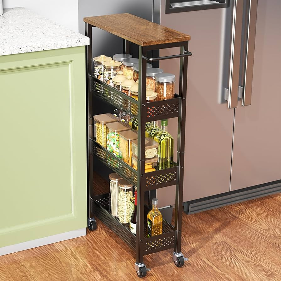 Slim Storage Cart 4 Tier Narrow Kitchen Rolling Cart on Wheels for Small Space, Mobile Utility Ca... | Amazon (US)