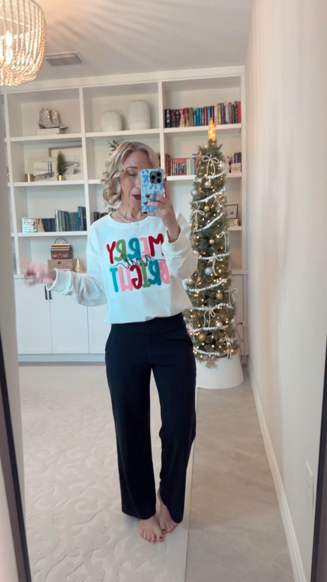 Amazon; holiday graphic tees * ‘Merry & Bright” sweatshirt size medium (tucked it into a belt band). * Wide leg yoga pants size small, short (come in 3 lengths). Use code G4FREE10 for 10% off. 

 

#LTKSeasonal #LTKHoliday #LTKFindsUnder50