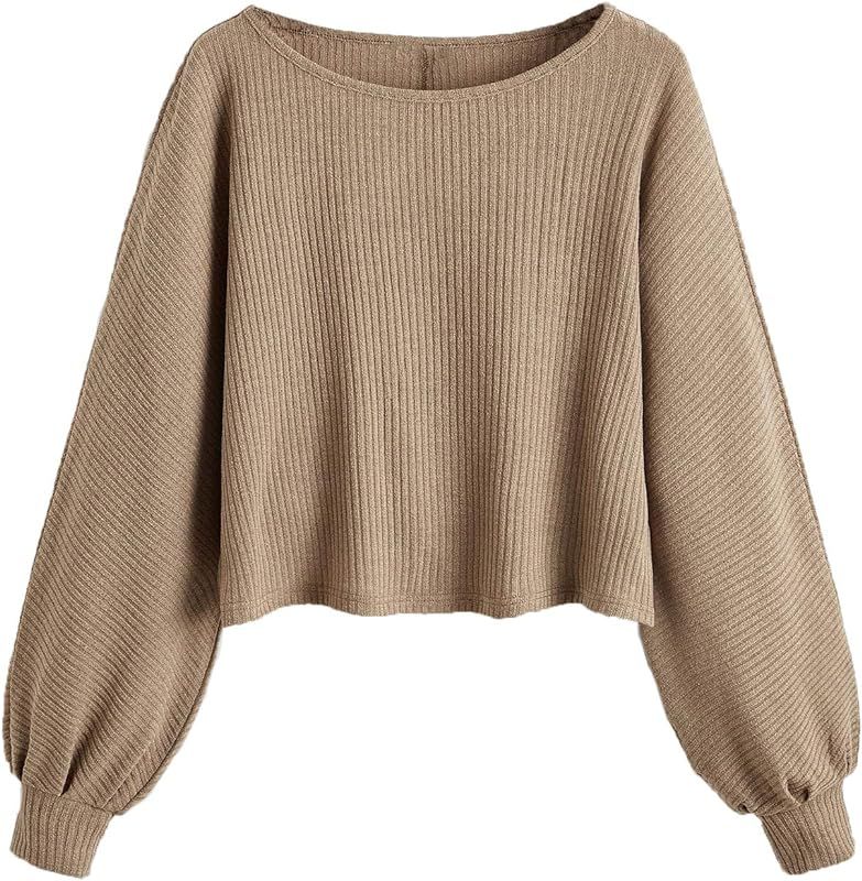 SweatyRocks Women's Casual Solid Ribbed Knit Raglan Long Sleeve Crop Top T Shirt | Amazon (US)