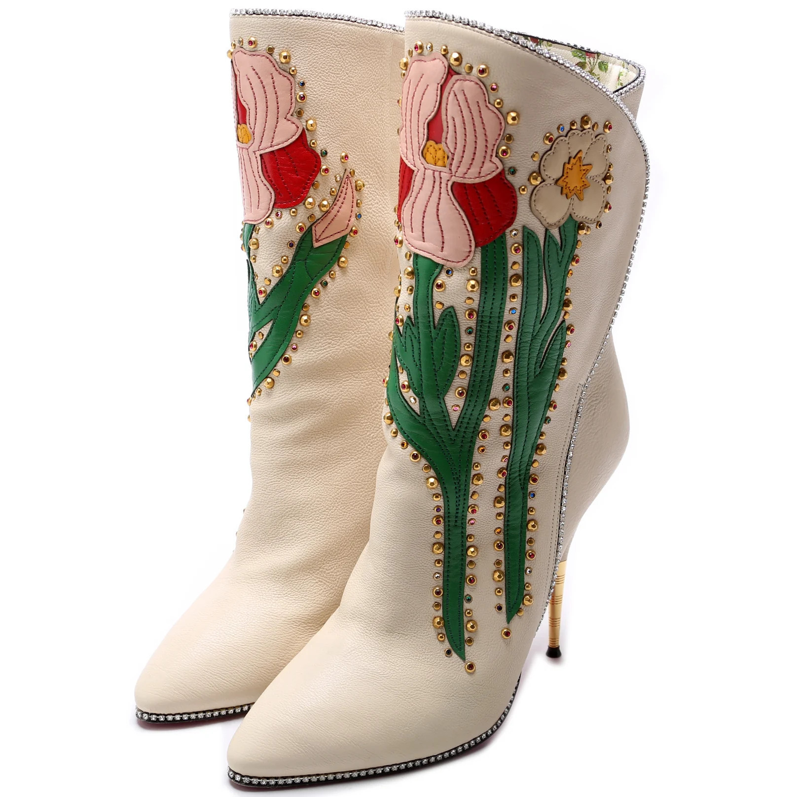 Fosca Floral Crystal Leather Boots Size 41 | Keeks Designer Handbags