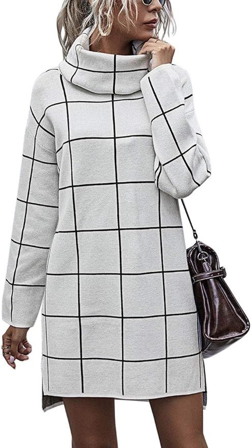 YIBOCK Women's Turtleneck Plaid Side Split Loose Checked Long Pullover Sweater Dress | Amazon (US)