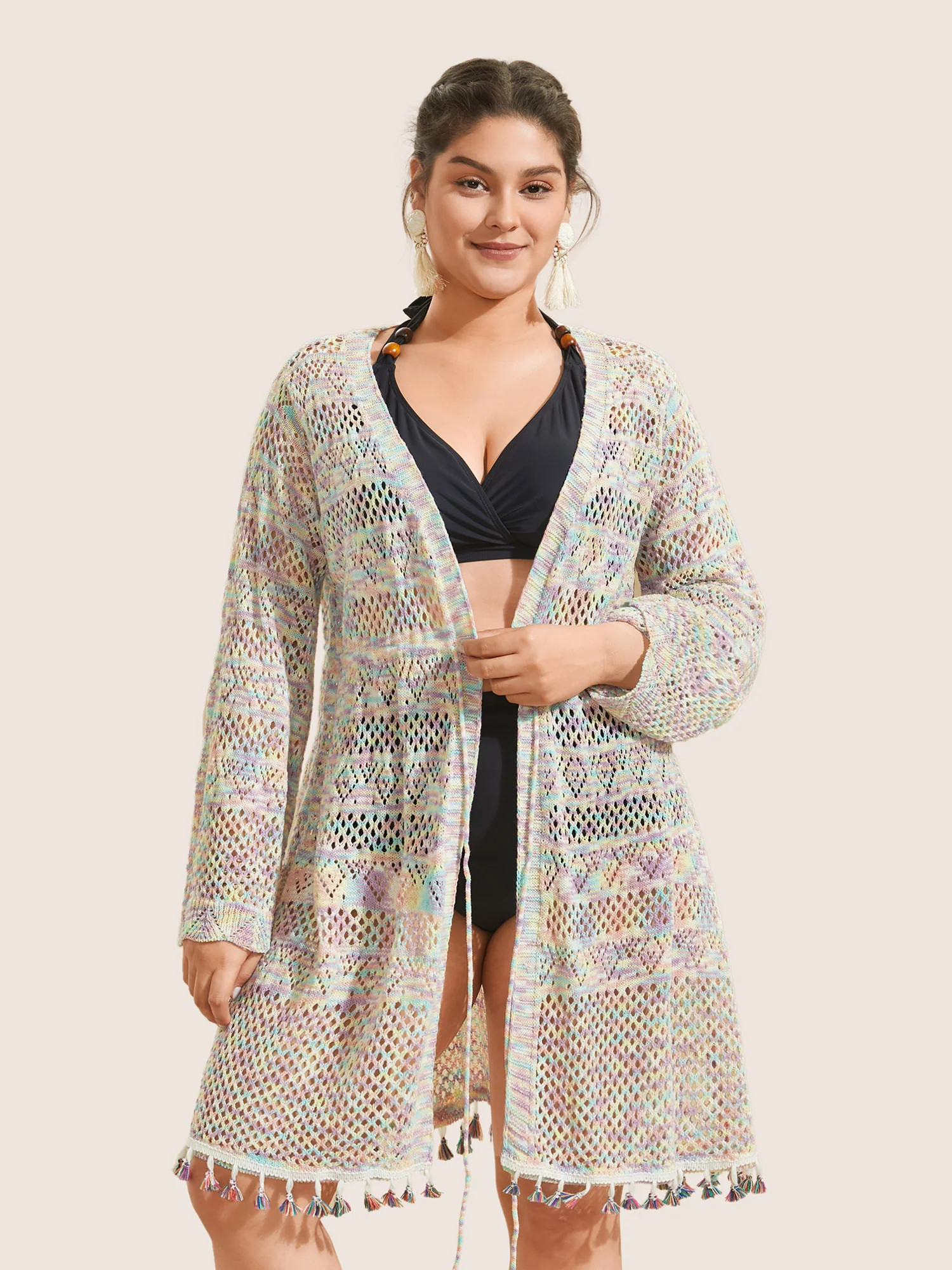 Heather Cut Out Drawstring Tassel Trim Cardigan | Bloomchic