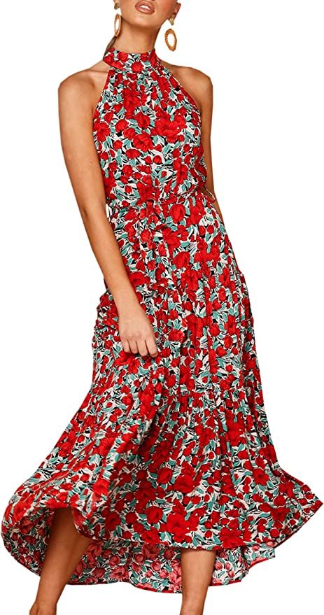 ECOWISH Women Dress Halter Neck Boho Floral Print Sleeveless Casual Backless Maxi Dresses | Amazon (US)