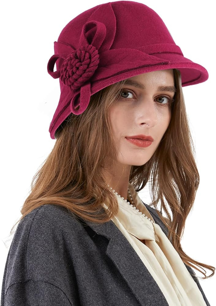 Ladies Wool Felt Bucket Hat Women Vintage Cloche Fedora Winter Church Bowler Hat with Bow | Amazon (US)