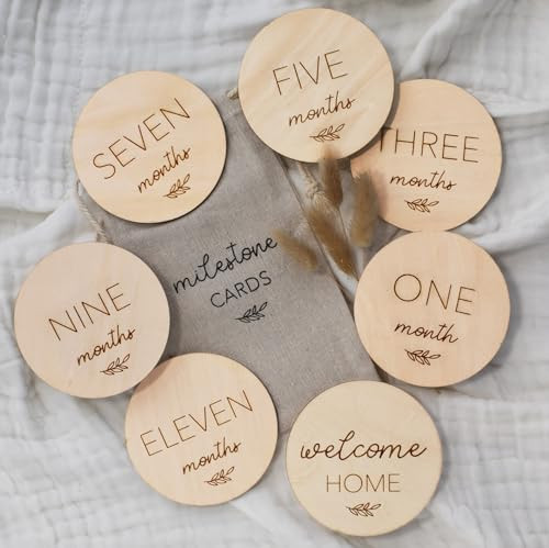 Beautiful Baby Monthly Milestone Cards - The Perfect Wooden Discs for Adorable Milestone Pictures of Your Newborn Boy/Girl - 7 Reversible Circles incl. Announcement & Hello World Sign Are A Great Gift | Amazon (US)