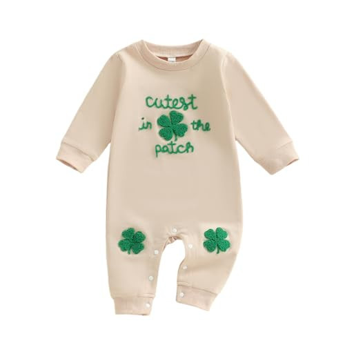 Mieeyali St Patricks Day Baby Boy Outfit Irish Sweatshirt Jumpsuit Four-Leaf Clover Green Romper Newborn Clothes (Apricot, 6-12 Months) | Amazon (US)