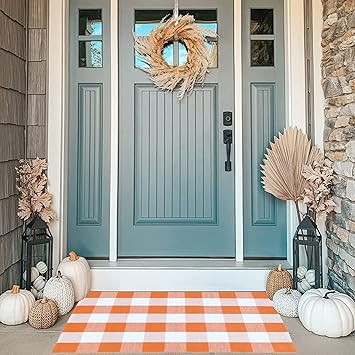 MUBIN Cotton Orange and White Plaid Rug, 27.5" x 43" Fall Outdoor Front Door Decorative Mat, Hand... | Amazon (US)
