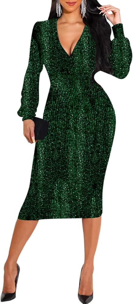 LalaLin Sexy Sparkly Dress for Women Long Sleeve Deep V Neck Bodycon Elegant Club Midi Dresses | Amazon (US)